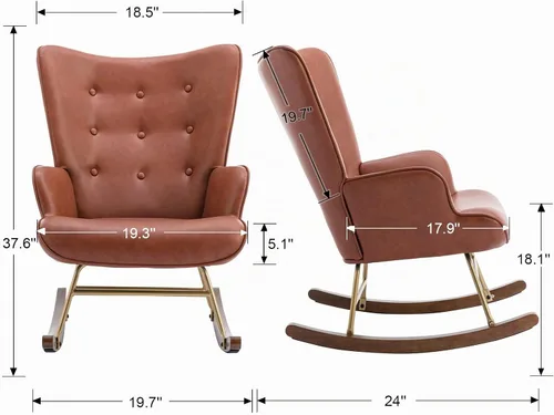 Vista 2 de EALSON Mecedora tapizada de piel, con respaldo copetudo, con base de madera, sillón moderno y cómodo para dormitorio, sala de estar, color marrón PU