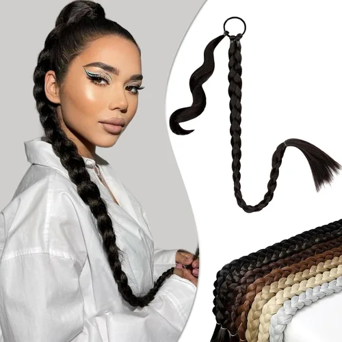 Vista 9 de Extensión de cola de caballo larga trenzada con banda para el cabello, color marrón claro, extensiones de cabello sintético suave y natural