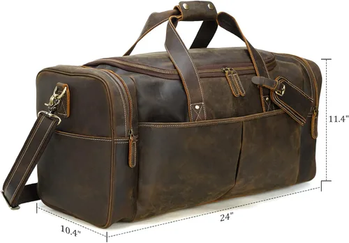 Vista 7 de Polare - Bolsa de lona de cuero de grano completo para hombre, de 24 pulgadas, para viajes, gimnasio, deportes, fin de semana, grande, Marrón, Retro
