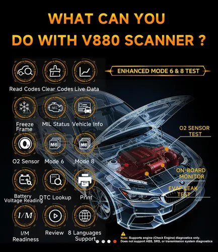 Vista 3 de Escáner OBD2, V880 - Lector de código de luz de motor para automóviles y camiones con reinicio, datos en vivo, prueba de humo I/M, escáner de Negro