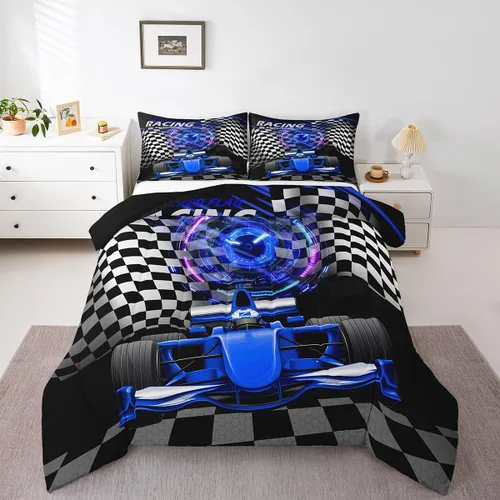 Vista 41 de Feelyou Juego de edredón azul de carreras para niños, juego de ropa de cama de coche deportivo para niños y niños, edredón deportivo geométrico a
