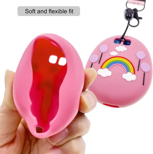Vista 4 de Funda de silicona, cordón y película protectora de pantalla para máquina de juegos interactiva virtual Tamagotchi Uni (rosa)