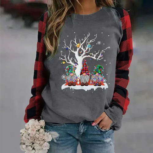 Vista 2 de BEUU - Camisas de Navidad para mujer, gnomo, reno, a cuadros, suéter de manga larga, sudaderas de moda de talla grande, 20210926-111-blanco