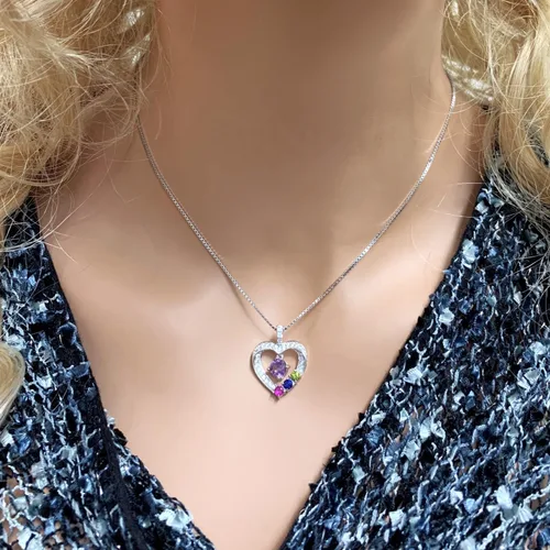 Vista 3 de Central Diamond Center Collar con piedra natal de corazón para madre e hijo con 1-6 piedras preciosas de imitación en plata de ley, oro de 10