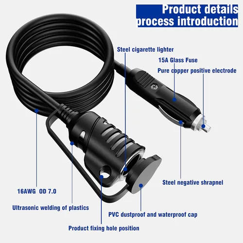 Vista 2 de Cable de extensión para encendedor de cigarrillos, 4 pies/12 V/120 W/15 A, compatible con bomba de compresor de aire e inflador de neumáticos