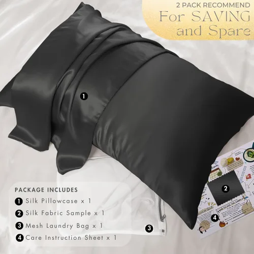 Vista 6 de PROMEED Funda de almohada de seda negra de grado 6A+ con cremallera, 23 fundas de almohada de seda de morera natural Momme para cabello y piel, Negro