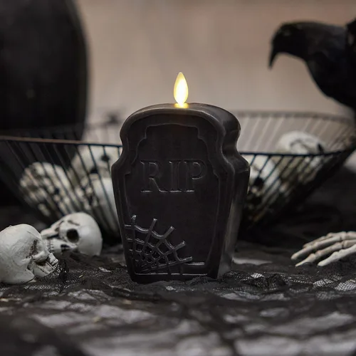 Vista 2 de Luminara Vela sin llama negra con diseño de lápida antidesgarros, (2 x 5.5 pulgadas), llama móvil, funciona con pilas, luces LED para decoración