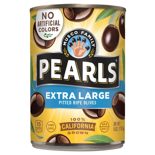 Vista 12 de Pearls Aceitunas maduras pequeñas sin hueso, paquete de 12, latas de 6 onzas
