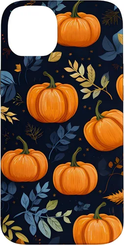 Vista 15 de iPhone 16 Calabazas y Hojas de Otoño Patrón Fondo Oscuro Caso