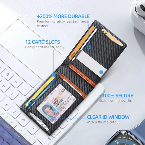 Vista 53 de Zitahli - Billeteras delgadas RFID para hombres, billetera de cuero flexible con clip de dinero, cartera minimalista con bolsillo frontal