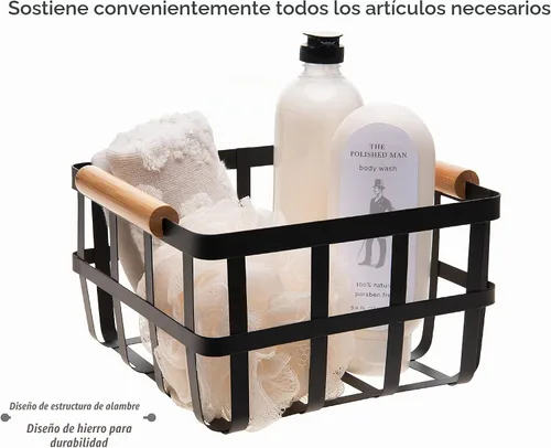Vista 3 de Simplify Cesta de almacenamiento cuadrada de metal con asas de bambú Mediana Cesta de alambre estilo granja Organizador para el hogar Negro