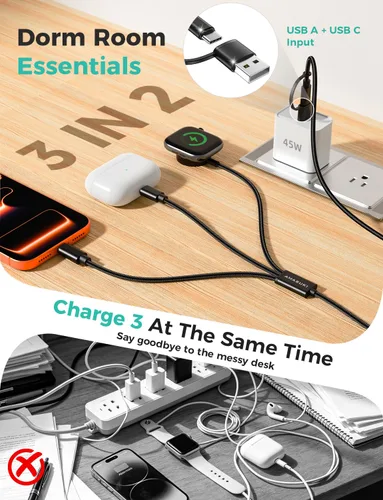 Vista 2 de Esenciales de viaje para Apple Watch, esenciales para acampar en cruceros, cable de carga múltiple, puertos de carga 3 en 2 para iWatch Series Negro