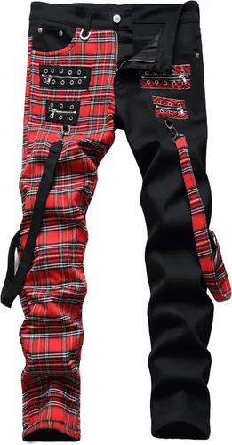 Vista 8 de Baylvn - Pantalones de mezclilla para hombre con diseño patchwork, ajustados y cómodos, estilo motociclista 3132 Camuflaje y azul
