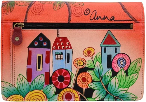 Vista 2 de Anna by Anuschka Cartera de cuero genuino pintada a mano para mujer con dos pliegues en una cuerda
