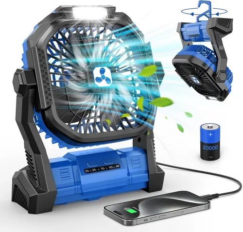 Vista 12 de ONLYNEW Ventilador portátil recargable de 20000 mAh, ventilador alimentado por batería inalámbrica con linterna LED, USB C operado por batería