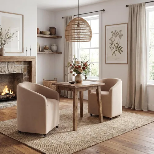 Vista 11 de Sillas de comedor de barril con ruedas, sillas tapizadas de lino beige para comedor y cocina, sillón lateral moderno con ruedas para dormitorio
