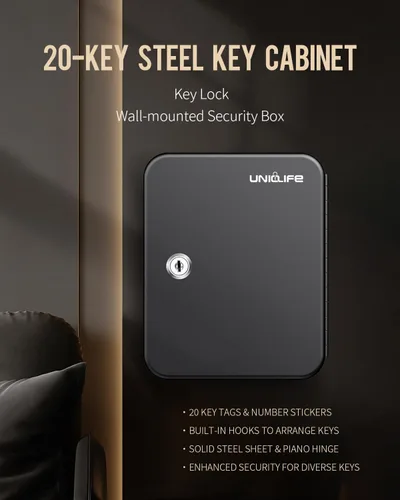 Vista 4 de Uniclife Gabinete de llaves de 20 posiciones con cerradura de llave montada en la pared, caja de almacenamiento de seguridad negra, organizador
