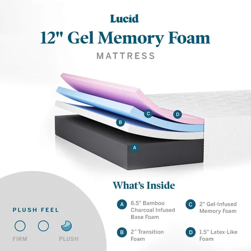 Vista 2 de Lucid Colchón matrimonial de 12 pulgadas y base de cama ajustable L600, colchón de espuma viscoelástica de gel de felpa, carbón de bambú