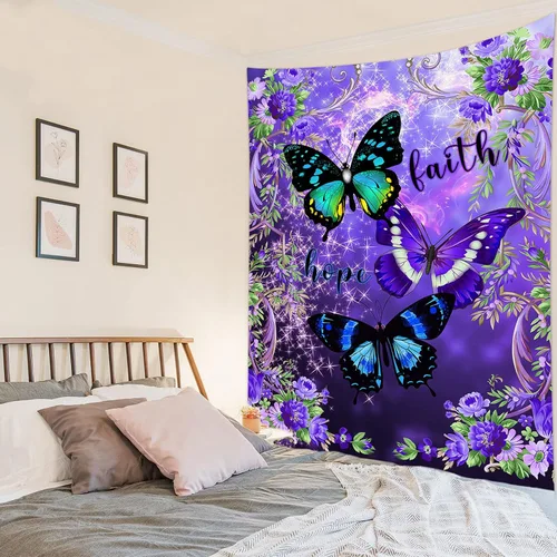 Vista 4 de LB Tapiz pequeño de mariposa colorido para colgar en la pared, diseño psicodélico de flores silvestres 3D, mariposas de fantasía floral, arte