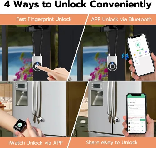 Vista 4 de eLinkSmart - Cerradura de cable de huellas dactilares, cerraduras para nevera con control de aplicación Bluetooth, candado inteligente biométrico