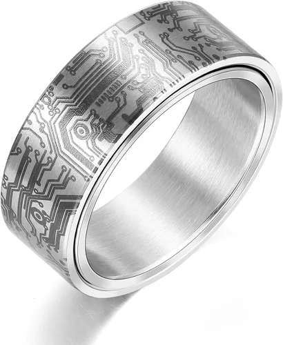 Vista 9 de Anillo de patrón de placa de circuito de computadora de 0.315 in negro/plata/azul/oro - Spinner Fidget Alivio de la ansiedad Anillo de acero