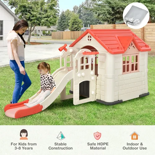 Vista 7 de Costzon Juego de casa de juegos y tobogán para niños, casa de juegos 7 en 1 al aire libre con puertas y ventanas de trabajo, mesa de picnic, juego
