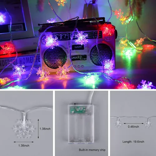 Vista 5 de AUAUY Guirnalda de luces de copos de nieve, 40 luces LED de 19.6 pies, funciona con pilas, 2 modos, luces impermeables para exteriores, interiores