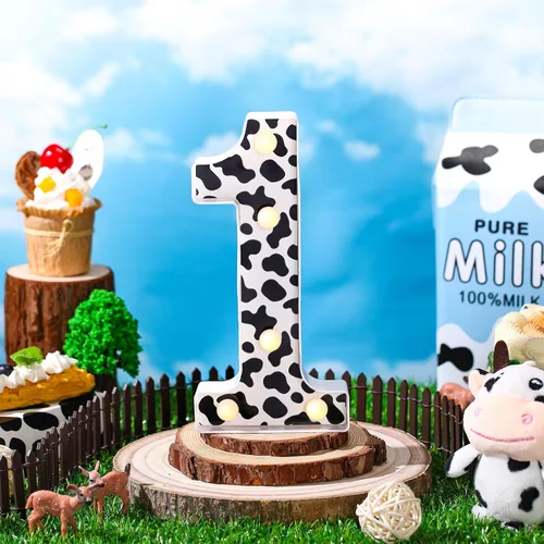 Vista 7 de VIHOSE Números con estampado de vaca clara, centros de mesa de cumpleaños, decoración de granja, letrero luminoso con números para fiesta temática