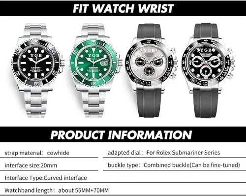 Vista 6 de Correa de reloj de cuero genuino con cierre deslizante de 0.787 in para Rolex GMT Submariner Hulk Oyster Correa de reloj