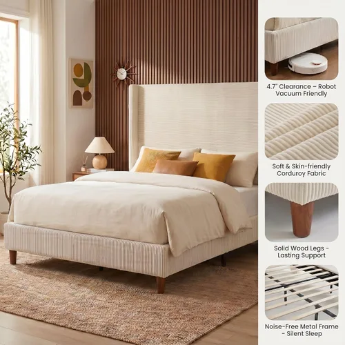 Vista 4 de WEUP Base de cama Queen con cabecera alta, marcos de cama tapizados de pana de 56 pulgadas, plataforma de marco de cama de nube con respaldo de ala