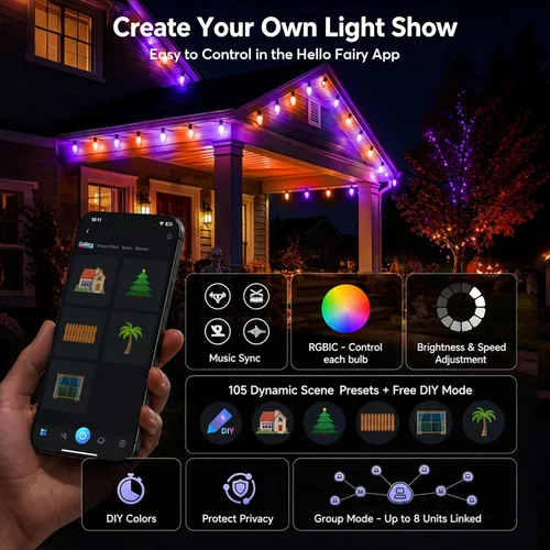 Vista 3 de Luces de cadena navideñas C9 inteligentes de 100 LED de 79 pies con control por aplicación, 105 modos, enchufables, luces de cadena de hadas