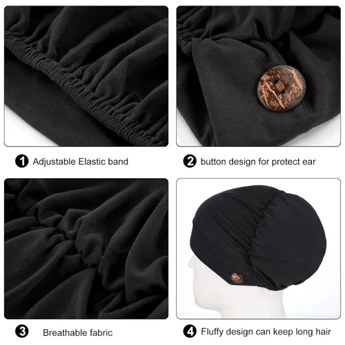 Vista 3 de Geyoga Gorras Bouffant con botones, unisex, elástica, turbante con botones para mujer, 3 piezas, Negro, Talla única