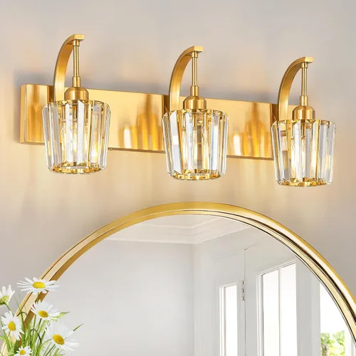 Vista 17 de Luces de tocador de cristal de 3 luces negras para tocador de baño, modernas lámparas de baño de cristal sobre espejo de 23.62 pulgadas de largo