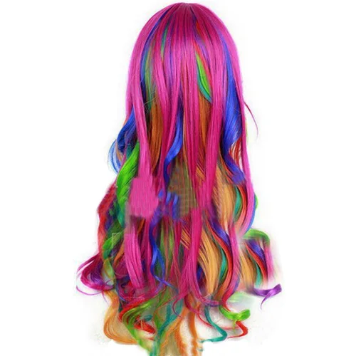 Vista 2 de KOLIGHT Pelucas largas rizadas de color arco iris para niñas disfraz de fiesta de cosplay peluca de pelo sin gorra peine