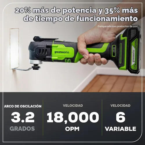 Vista 3 de Greenworks 24V - Multiherramienta inalámbrica, herramienta oscilante para cortar/clavar/raspar/lijar con control de 6 velocidades variables, batería
