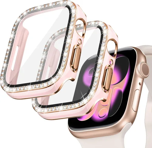 Vista 17 de Goton - Pack de 2 Fundas Bling para Apple Watch con Protector de Pantalla 40mm SE 3/2/1, Series 6/5/4, Funda con Purpurina para Mujer con Diamantes