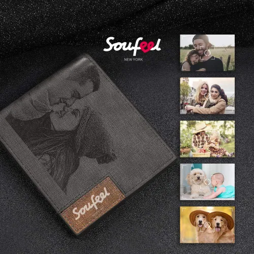 Vista 3 de SOUFEEL Billeteras personalizadas con fotos para hombres, billetera de cuero delgado con 2 imágenes, regalos personalizados para el día del padre