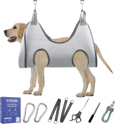 Vista 32 de Hamaca de aseo para mascotas para perros y gatos pequeños – Eslinga para recortar uñas con cortaúñas, lima de uñas y tijeras – Arnés de aseo