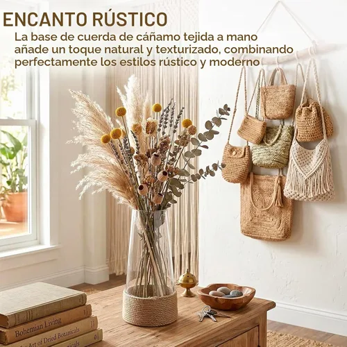 Vista 3 de MyGift Florero rústico de cristal transparente con cuerda de cáñamo tejida a mano, jarrón decorativo para decoración de casa de campo, bohemio