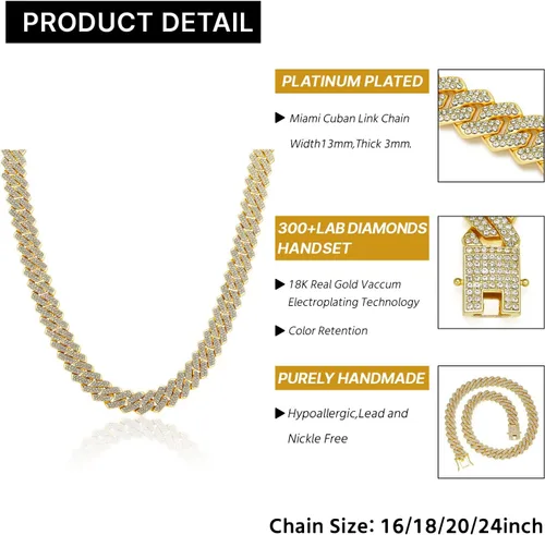Vista 3 de Cadena de eslabones cubanos chapada en oro de 18 quilates para hombres y mujeres, diseño helado en plataorooro rosa, collar cubano de Miami, joyería