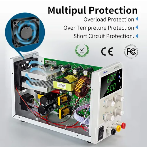 Vista 4 de Fuente de alimentación de CC variable de 60V 5A, fuente de alimentación de laboratorio de banco ajustable con pantalla LED de 3 bits, para carga