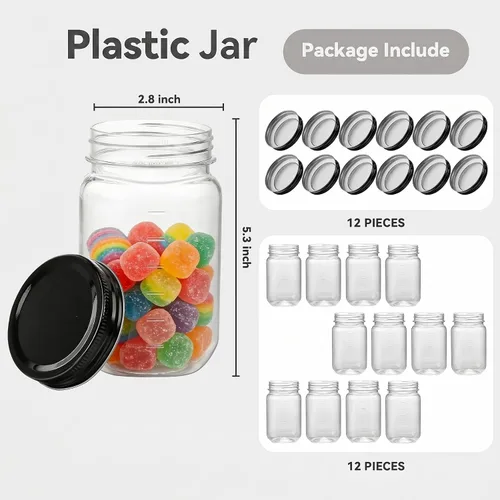 Vista 2 de Novelinks - Tarros de plástico transparente de 16 onzas con tapas y tapas de plástico 12 Pack, Black, 16 oz Plastic Containers with Lids, Storage