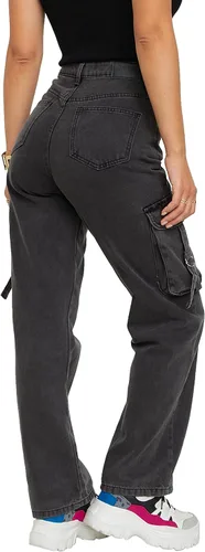 Vista 2 de FALABELLA Jeans tipo cargo holgados de cintura media y alta para mujer con bolsillo de solapa, pantalones de mezclilla holgados de pierna ancha