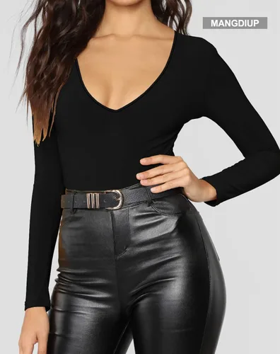 Vista 2 de Bodysuit básico de manga larga con cuello en V para mujer