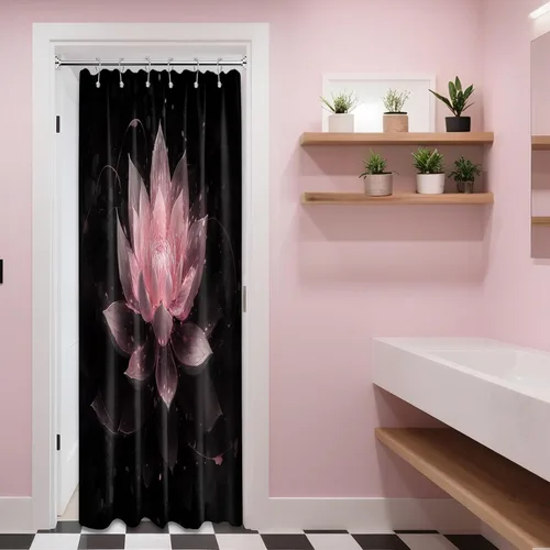 Vista 54 de Cortina de ducha con flores de loto negro y azul para decoración de baño, juego de cortinas decorativas de baño con estampado floral, tela