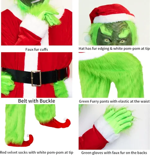 Vista 3 de iBccly Disfraz de monstruo verde 7 unidades máscara de sonrisa y sombrero de Navidad pantalones peludos traje de Papá Noel atuendo verde para adultos