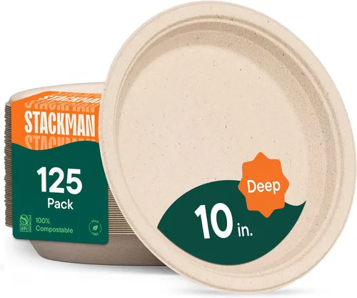 Vista 11 de Platos de papel desechables 100% compostables, 3 compartimentos, [125 unidades] - {Sin PFAS} - {Certificado BPA} - [10 pulgadas] Bandejas