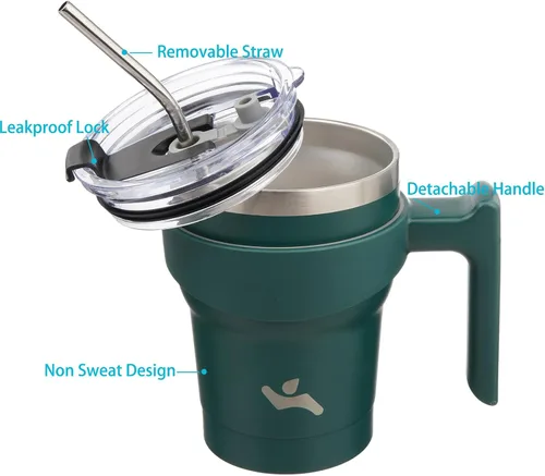 Vista 2 de Konokyo - Vaso de 10 onzas con asa y 2 popotes, 2 tapas, botella de agua aislada de acero inoxidable, taza de viaje reutilizable, color verde militar