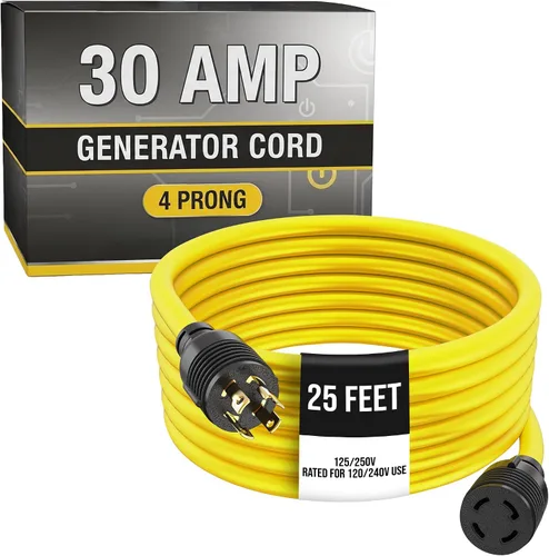 Vista 9 de Alargo, Cable de extensión, 4 Prong, 30 Amperes, 125–250 Voltios, único, Amarillo, 10 pies, 100% hule, calibre 10, muy resistente, L14–30