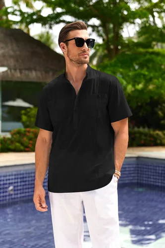 Vista 2 de PASLTER Camisa Henley de algodón y lino para hombre, de manga corta, estilo hippie, informal, para la playa